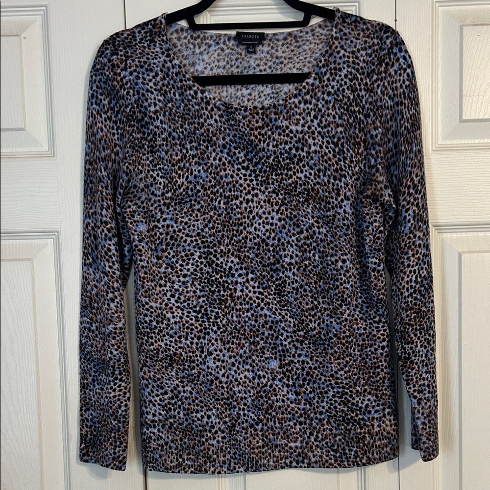TALBOTS Size Small Leopard Print Crewneck Sweater Blue Black Brown Luxurious
